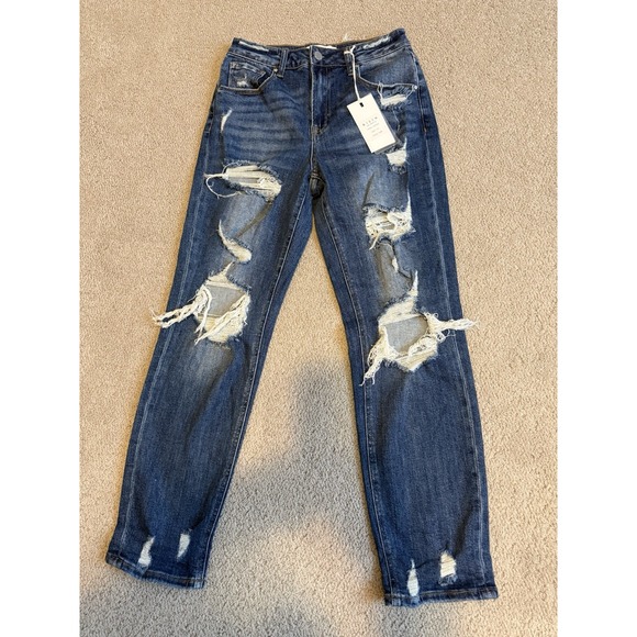 NWT Risen Jeans Womens 5/27 Blue High Rise Straight Distressed Stretch Denim - Picture 1 of 8
